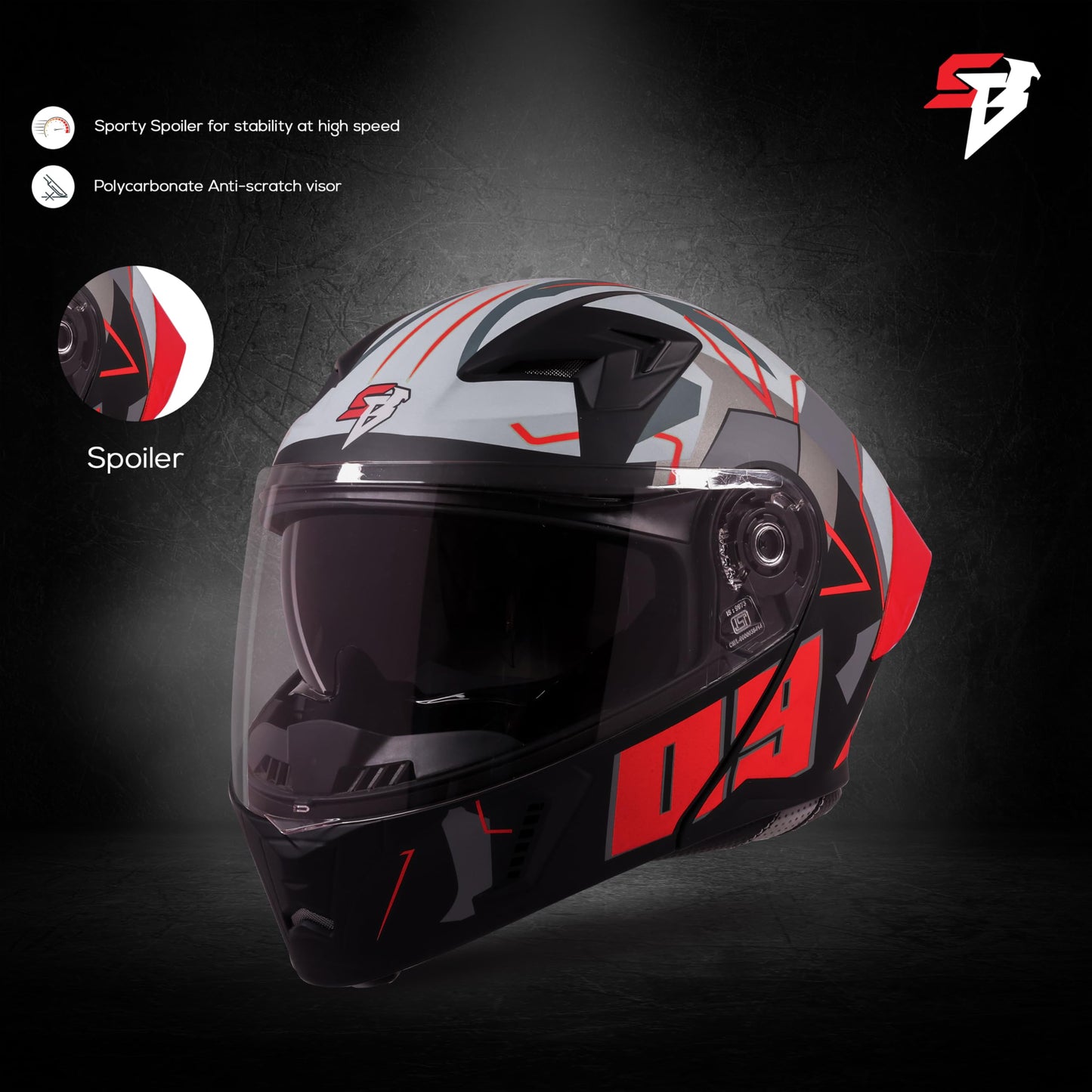 Steelbird SBA-20 09 ISI Certified Flip-Up Graphic Helmet for Men and Women with Inner Chrome Sun Shield (Glossy Black Red)