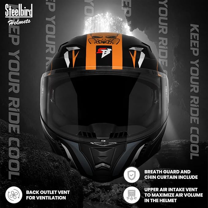 Steelbird SBA-20 Strange ISI Certified Flip-Up Graphic Helmet for Men and Women (Glossy Black Orange)