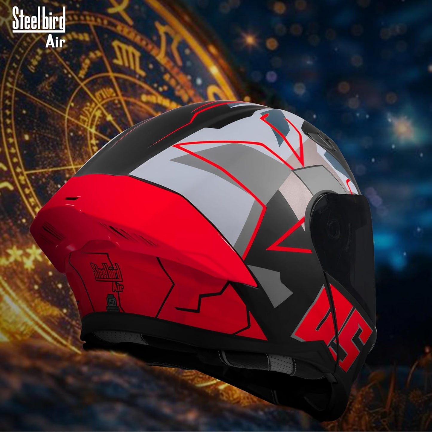 Steelbird SBA-20 05 ISI Certified Flip-Up Graphic Helmet for Men with Inner Chrome Sun Shield (Glossy Black Red)