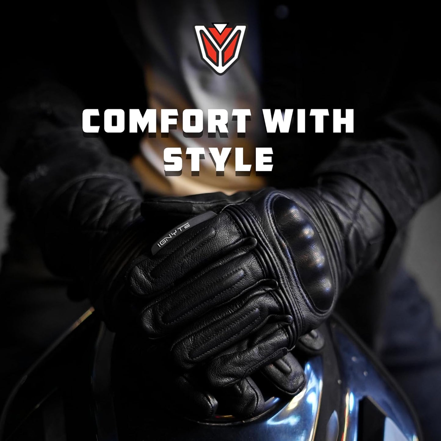 Ignyte Streak Leather Gloves Full Finger Waterproof Bike Riding Gloves with Touch Screen Sensitivity at Thumb and Index Finger, Protective Off-Road Motorbike Racing (Black)