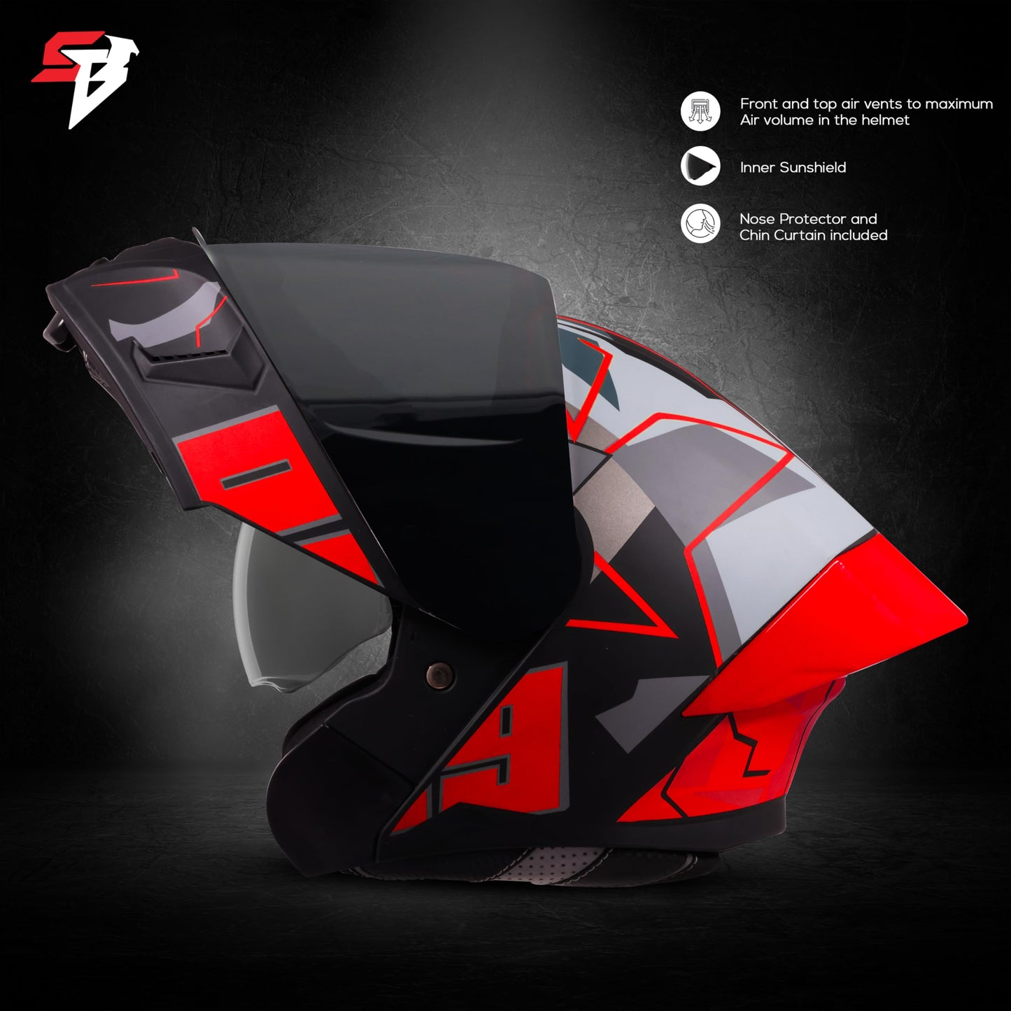 Steelbird SBA-20 09 ISI Certified Flip-Up Graphic Helmet for Men and Women with Inner Chrome Sun Shield (Glossy Black Red with Smoke Visor)