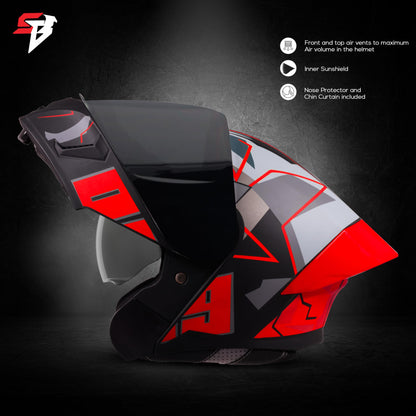 Steelbird SBA-20 09 ISI Certified Flip-Up Graphic Helmet for Men and Women with Inner Chrome Sun Shield (Glossy Black Red with Smoke Visor)