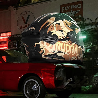 Steelbird SBH-25 Rudra Agni ISI Certified Full Face Graphic Helmet for Men with Inner Smoke Sun Shield (Glossy Black Light Brown)