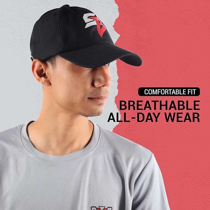 Steelbird Polyster Dad Cap with Adjustable Strap for All Sports, Cap for Girls, Caps for Gym, Sports Caps for Men and Women with Airholes (Black)