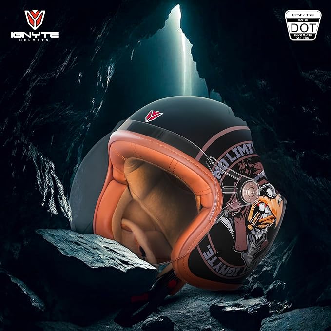Ignyte IGN-58 Eagle ISI and DOT Certified Open Face Graphic Helmet for Men and Women (Glossy Black Dark Brown)