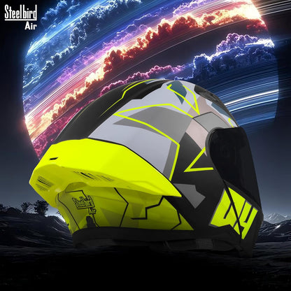 Steelbird SBA-20 04 ISI Certified Flip-Up Graphic Helmet for Men with Inner Chrome Sun Shield (Glossy Black Neon)