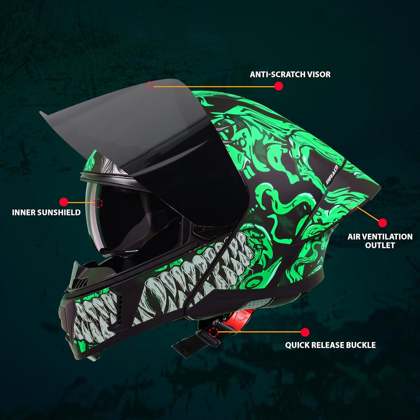 Steelbird SBA-20 Draco ISI Certified Flip-Up Helmet for Men and Women with Inner Smoke Sun Shield (Glossy Black Green with Smoke Visor)