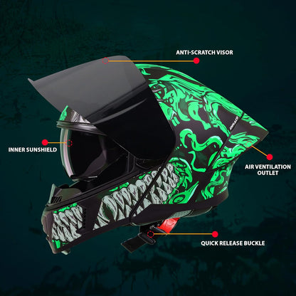 Steelbird SBA-20 Draco ISI Certified Flip-Up Helmet for Men and Women with Inner Smoke Sun Shield (Glossy Black Green with Smoke Visor)