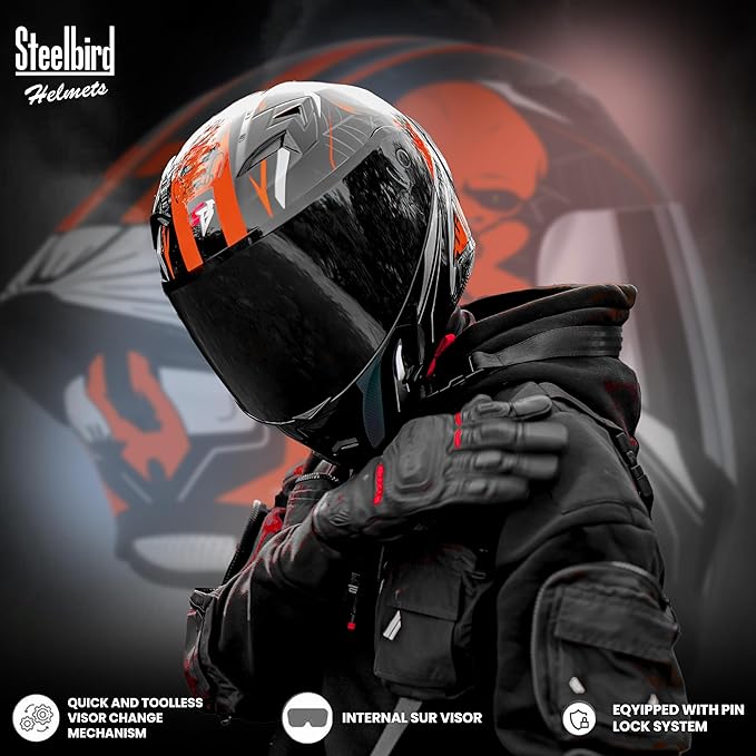 Steelbird SBA-20 Strange ISI Certified Flip-Up Graphic Helmet for Men and Women (Glossy Black Orange)