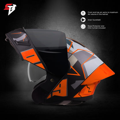 Steelbird SBA-20 09 ISI Certified Flip-Up Graphic Helmet for Men and Women with Inner Chrome Sun Shield (Glossy Black Orange with Smoke Visor)