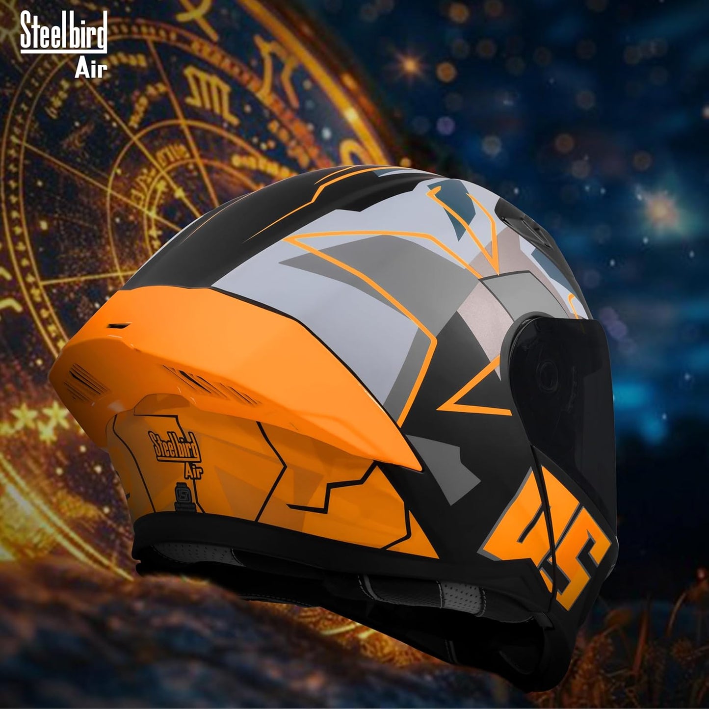 Steelbird SBA-20 05 ISI Certified Flip-Up Graphic Helmet for Men with Inner Chrome Sun Shield (Glossy Black Orange)