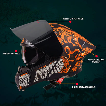 Steelbird SBA-20 Draco ISI Certified Flip-Up Helmet for Men and Women with Inner Smoke Sun Shield (Glossy Black Orange with Smoke Visor)