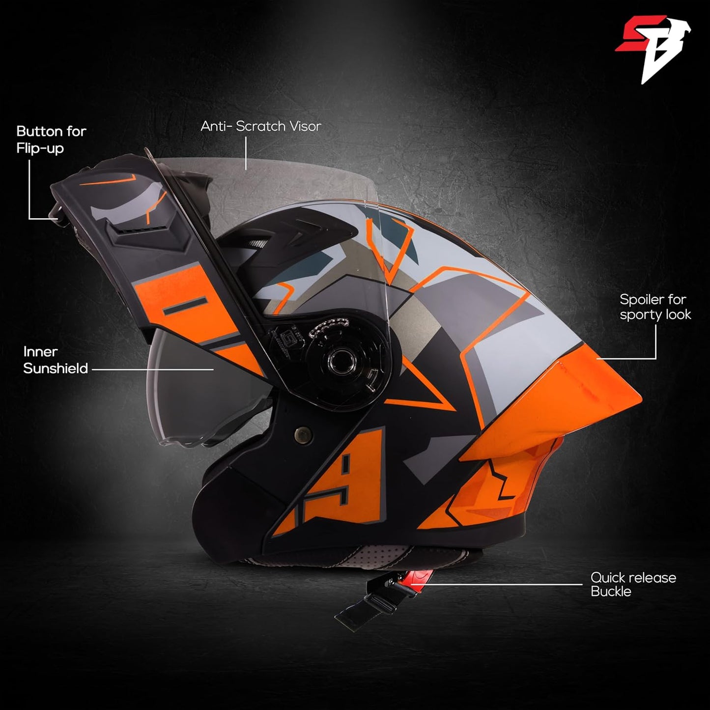 Steelbird SBA-20 09 ISI Certified Flip-Up Graphic Helmet for Men and Women with Inner Chrome Sun Shield (Glossy Black Orange)