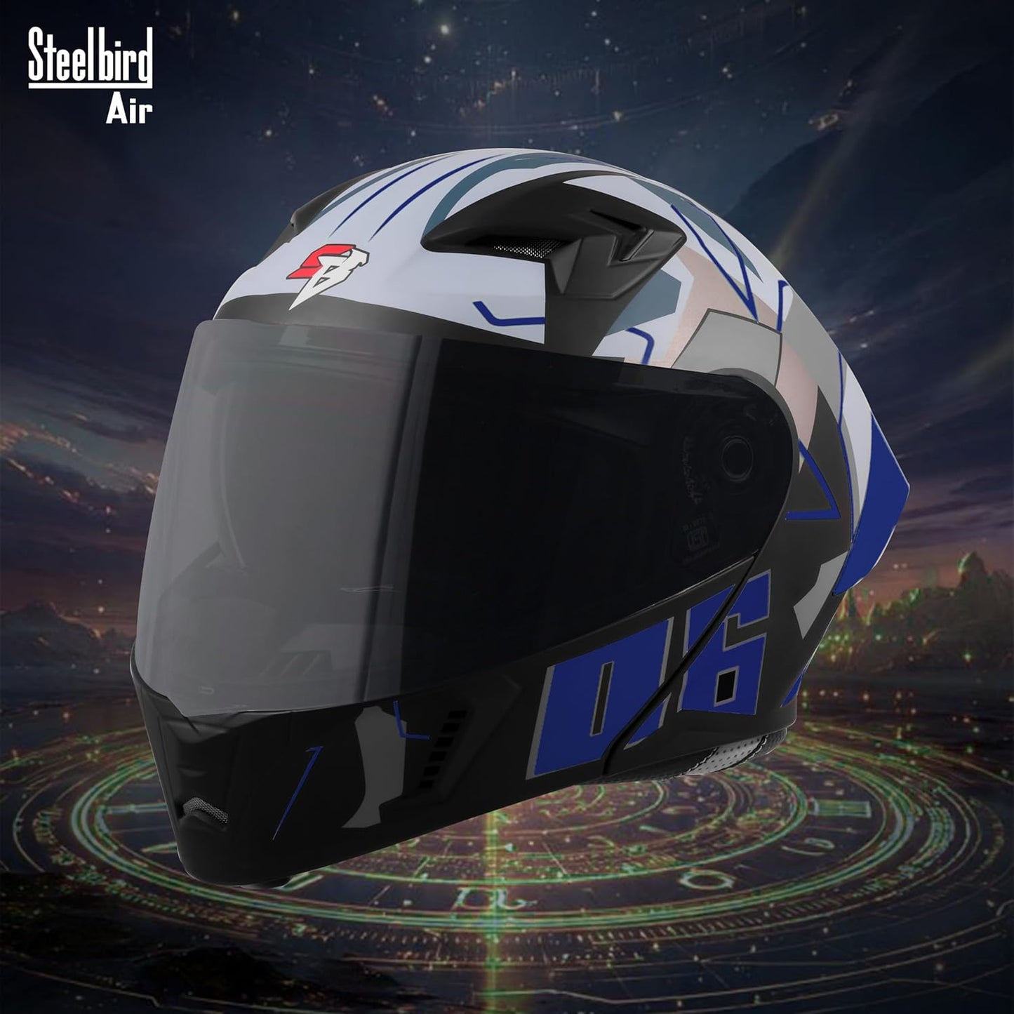 Steelbird SBA-20 06 ISI Certified Flip-Up Graphic Helmet for Men with Inner Chrome Sun Shield (Glossy Black Blue)