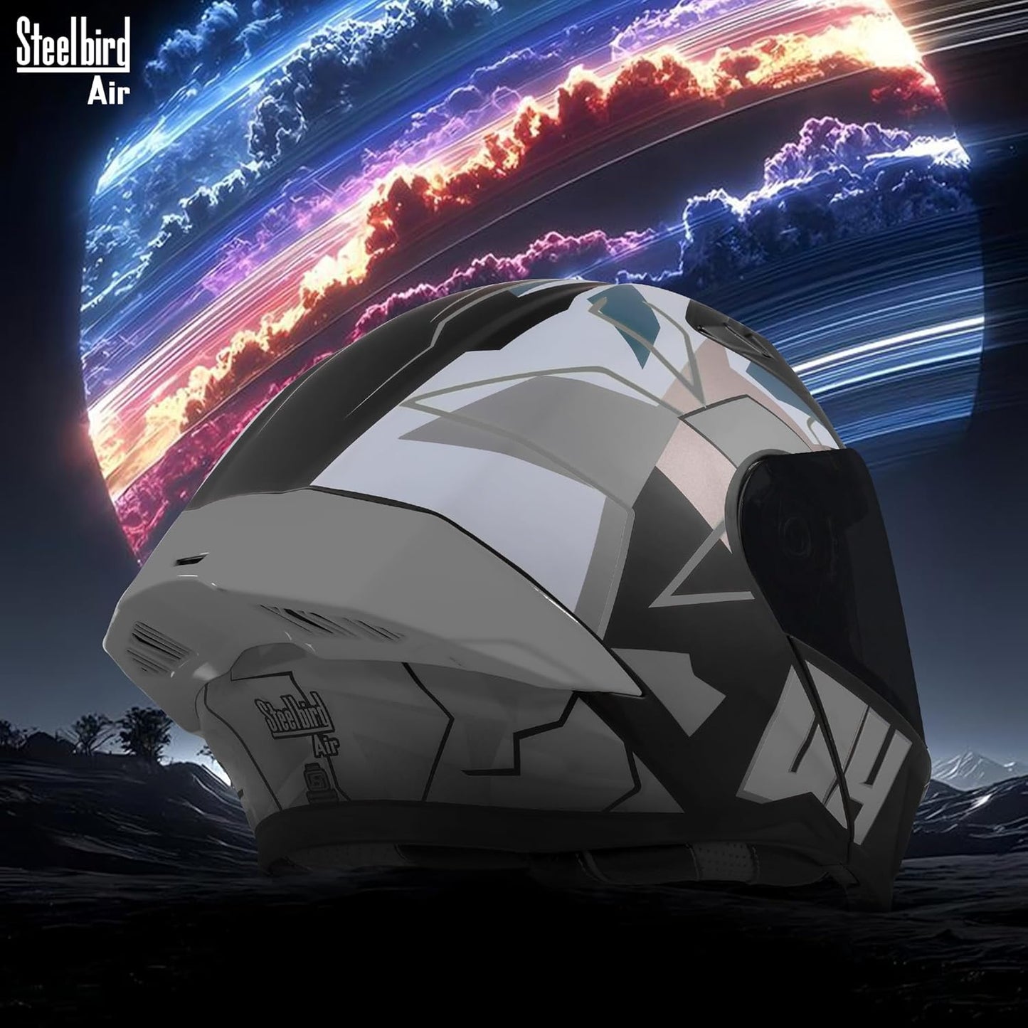Steelbird SBA-20 04 ISI Certified Flip-Up Graphic Helmet for Men with Inner Chrome Sun Shield (Glossy Black Grey)