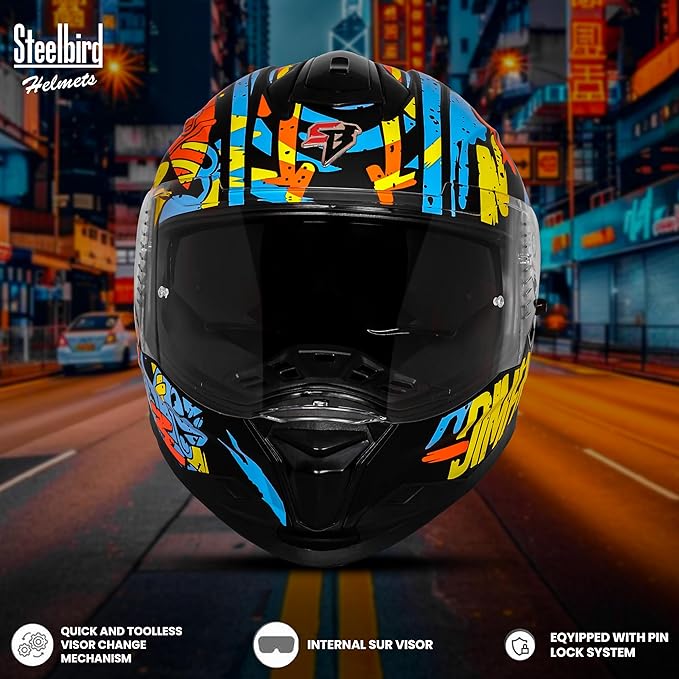 Steelbird SBH-57 Fighter F10 Graphic Helmet ISI and DOT Certified Full Face Helmet for Men with Inner Silver Sun Shield (Glossy Black Neon Orange)