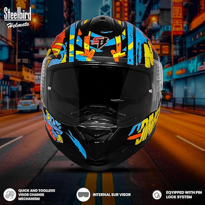 Steelbird SBH-57 Fighter F10 Graphic Helmet ISI and DOT Certified Full Face Helmet for Men with Inner Silver Sun Shield (Glossy Black Neon Orange)