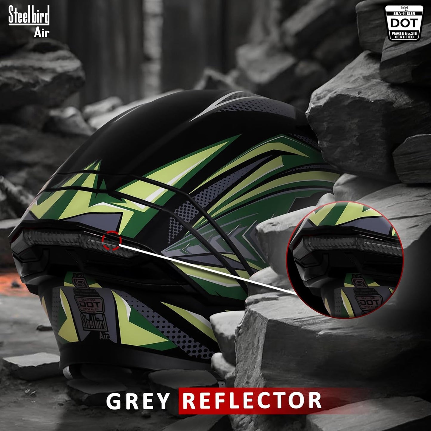 Steelbird SBA-11 Tornado Grey Reflector ISI and DOT Certified Full Face Helmet for Men and Women with Inner Silver Sun Shield (Glossy Black Battle Green with Smoke Visor)