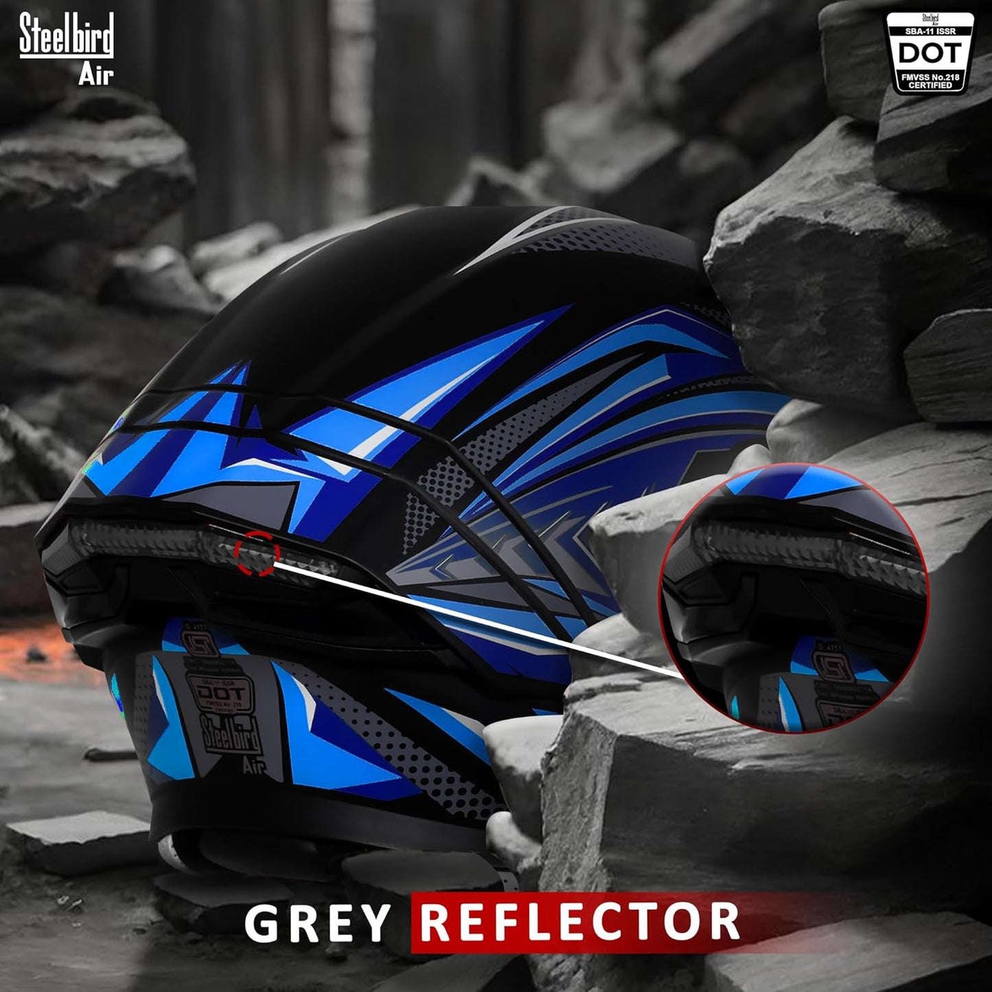 Steelbird SBA-11 Tornado Grey Reflector ISI and DOT Certified Full Face Helmet for Men and Women with Inner Silver Sun Shield (Glossy Black Blue with Smoke Visor)
