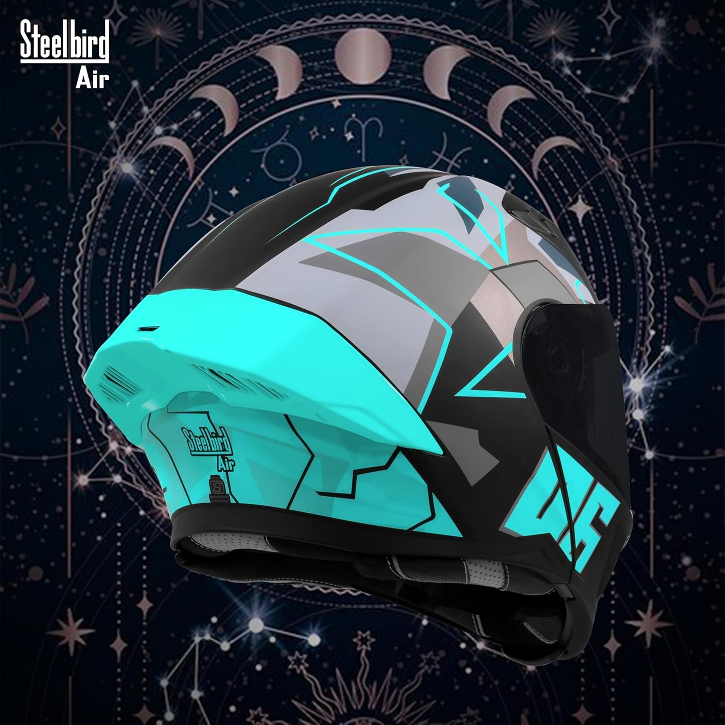Steelbird SBA-20 06 ISI Certified Flip-Up Graphic Helmet for Men with Inner Chrome Sun Shield (Glossy Black Cyan Green)