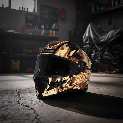 Steelbird SBH-25 Rudra Agni ISI Certified Full Face Graphic Helmet for Men with Inner Smoke Sun Shield (Glossy Black Light Brown)
