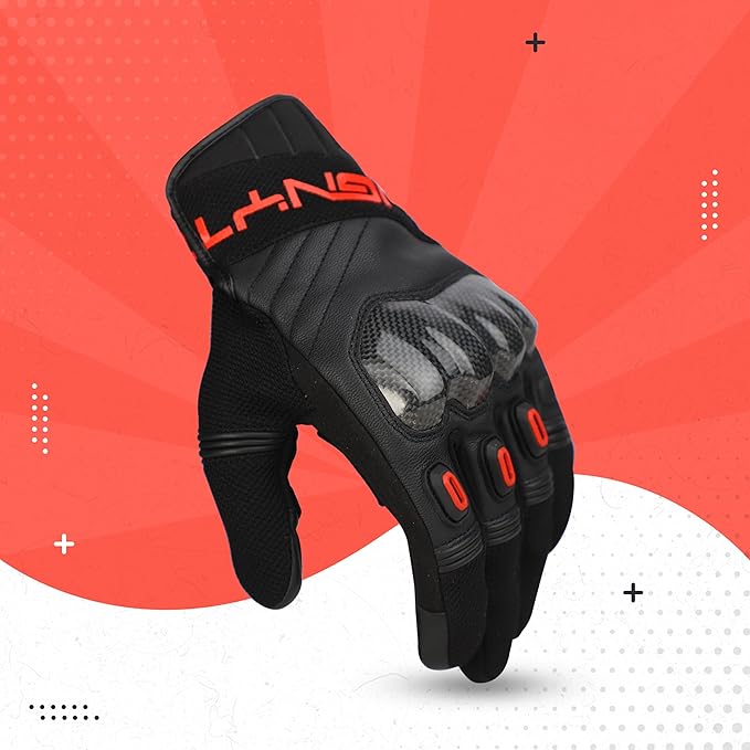 Ignyte Carbon Full Finger Bike Riding Gloves with Touch Screen Sensitivity at Thumb and Index Finger and Carbon knuckle Protector (Red)