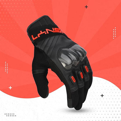 Ignyte Carbon Full Finger Bike Riding Gloves with Touch Screen Sensitivity at Thumb and Index Finger and Carbon knuckle Protector (Red)