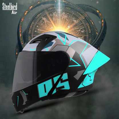 Steelbird SBA-20 05 ISI Certified Flip-Up Graphic Helmet for Men with Inner Chrome Sun Shield (Glossy Black Cyan Green)