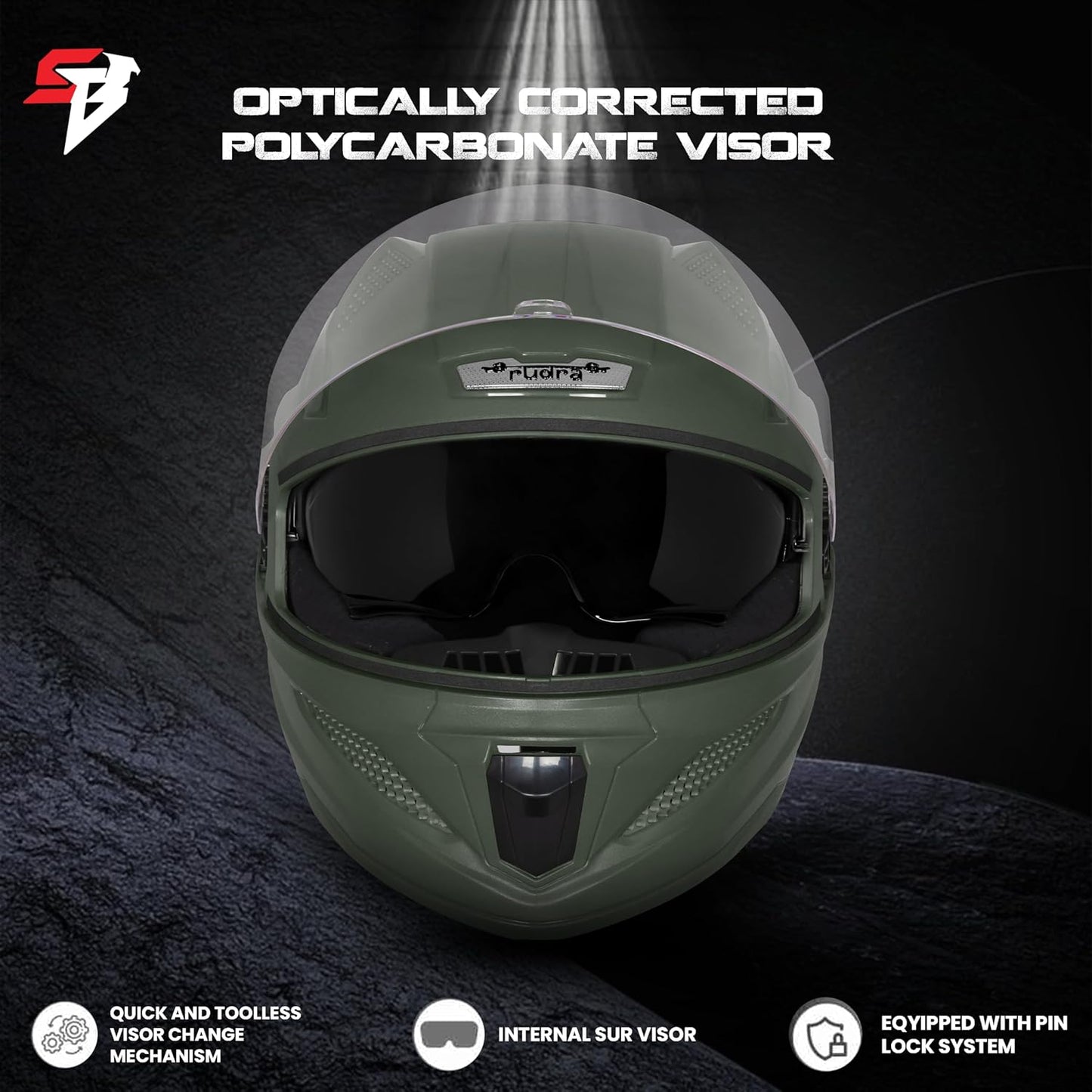 Steelbird SBH-25 Rudra ISI Certified Full Face Helmet for Men and Women with Inner Smoke Sun Shield (Dashing Battle Green)