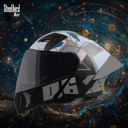 Steelbird SBA-20 06 ISI Certified Flip-Up Graphic Helmet for Men with Inner Chrome Sun Shield (Glossy Black Grey)