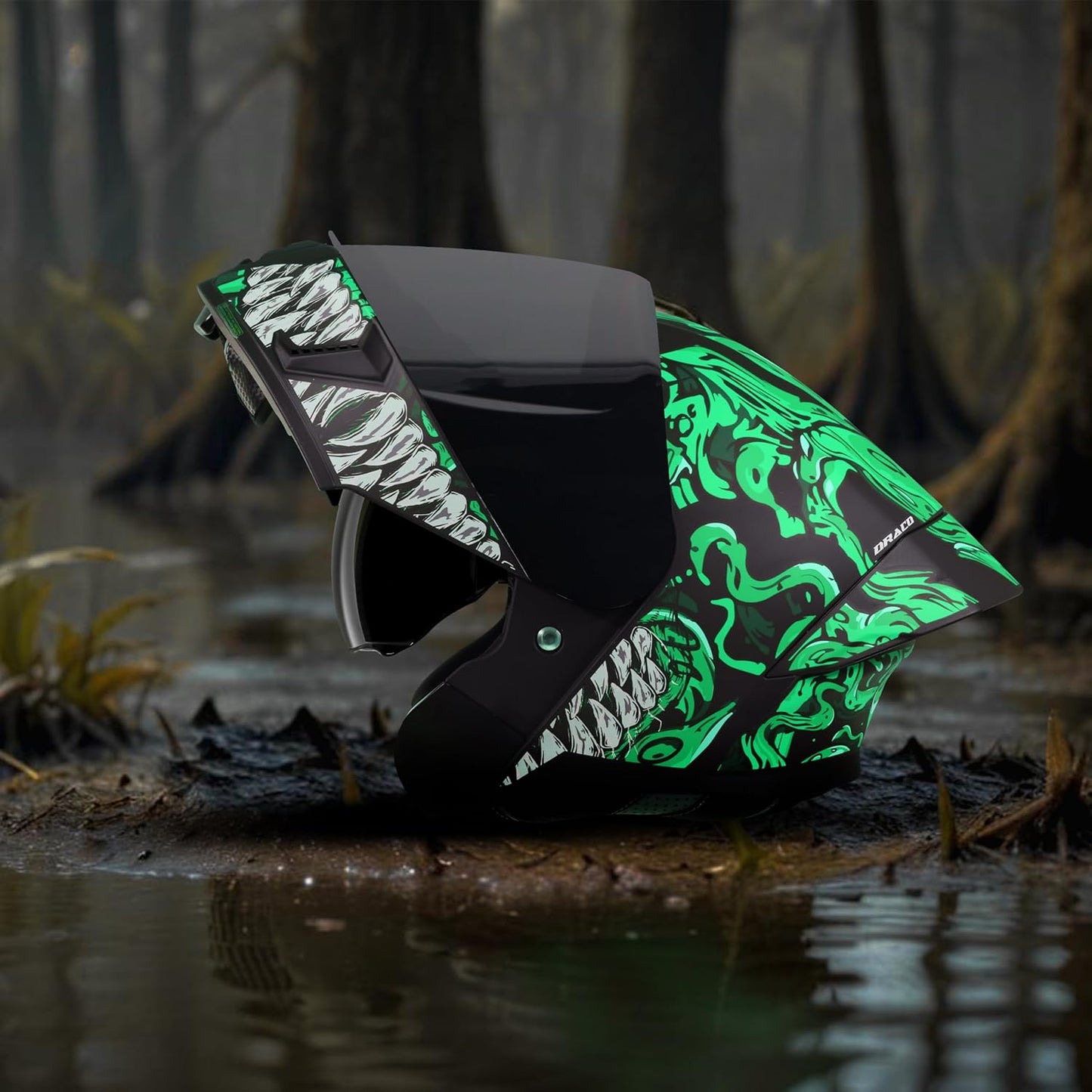 Steelbird SBA-20 Draco ISI Certified Flip-Up Helmet for Men and Women with Inner Smoke Sun Shield (Glossy Black Green with Smoke Visor)