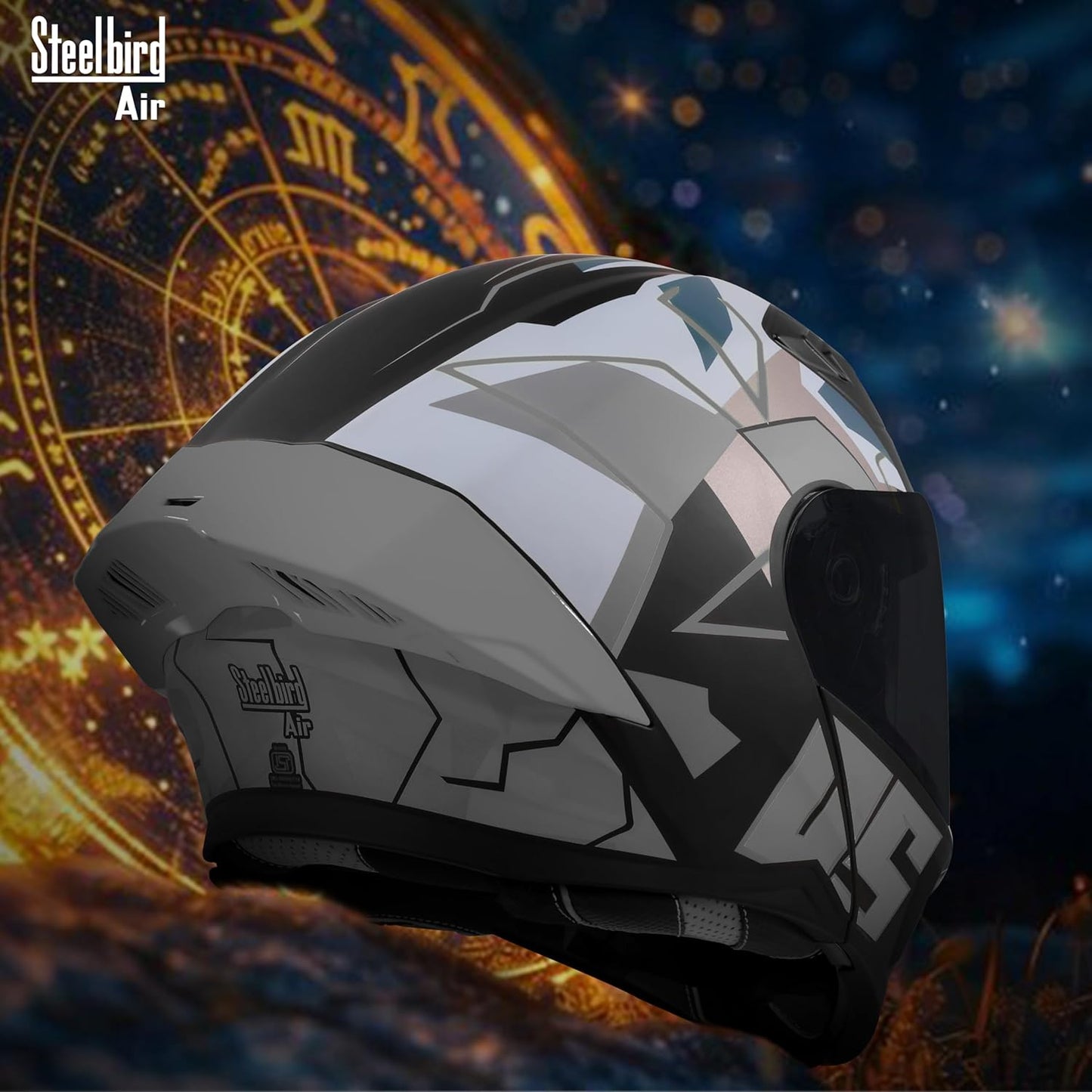 Steelbird SBA-20 05 ISI Certified Flip-Up Graphic Helmet for Men with Inner Chrome Sun Shield (Glossy Black Grey)