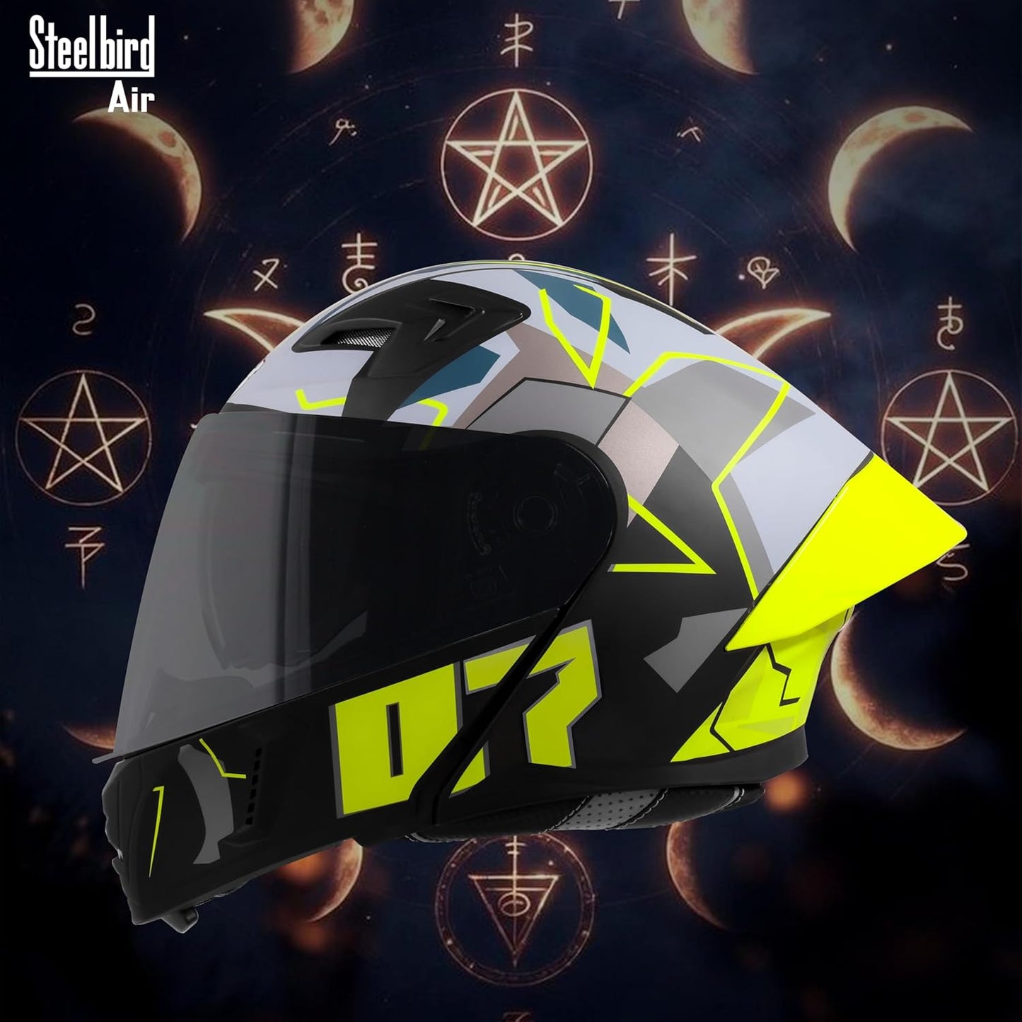 Steelbird SBA-20 07 ISI Certified Flip-Up Graphic Helmet for Men with Inner Chrome Sun Shield (Glossy Black Neon)