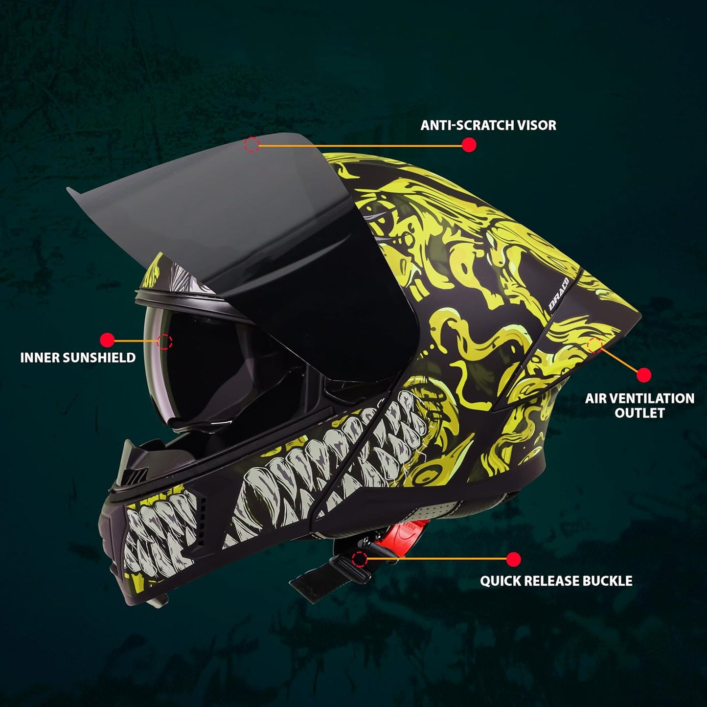 Steelbird SBA-20 Draco ISI Certified Flip-Up Helmet for Men and Women with Inner Smoke Sun Shield (Glossy Black Neon with Smoke Visor)