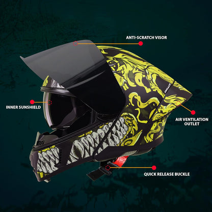 Steelbird SBA-20 Draco ISI Certified Flip-Up Helmet for Men and Women with Inner Smoke Sun Shield (Glossy Black Neon with Smoke Visor)