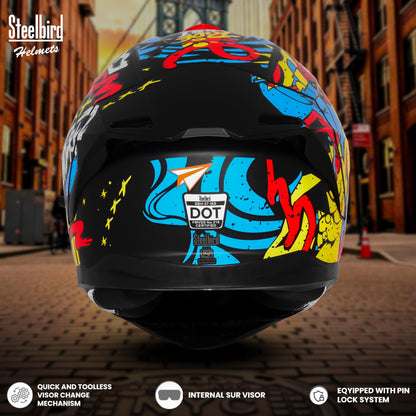 Steelbird SBH-57 Fighter F10 Graphic Helmet ISI and DOT Certified Full Face Helmet for Men with Inner Silver Sun Shield (Glossy Black Neon Red)