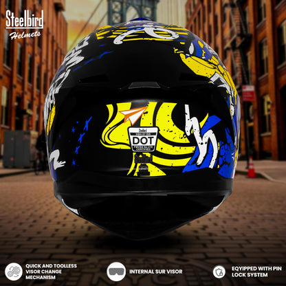 Steelbird SBH-57 Fighter F10 Graphic Helmet ISI and DOT Certified Full Face Helmet for Men with Inner Silver Sun Shield (Glossy Black Blue White)