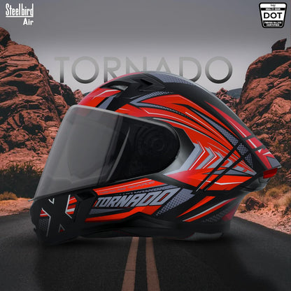 Steelbird SBA-11 Tornado Red Reflector ISI and DOT Certified Full Face Helmet for Men and Women with Inner Silver Sun Shield (Glossy Black Red with Smoke Visor)