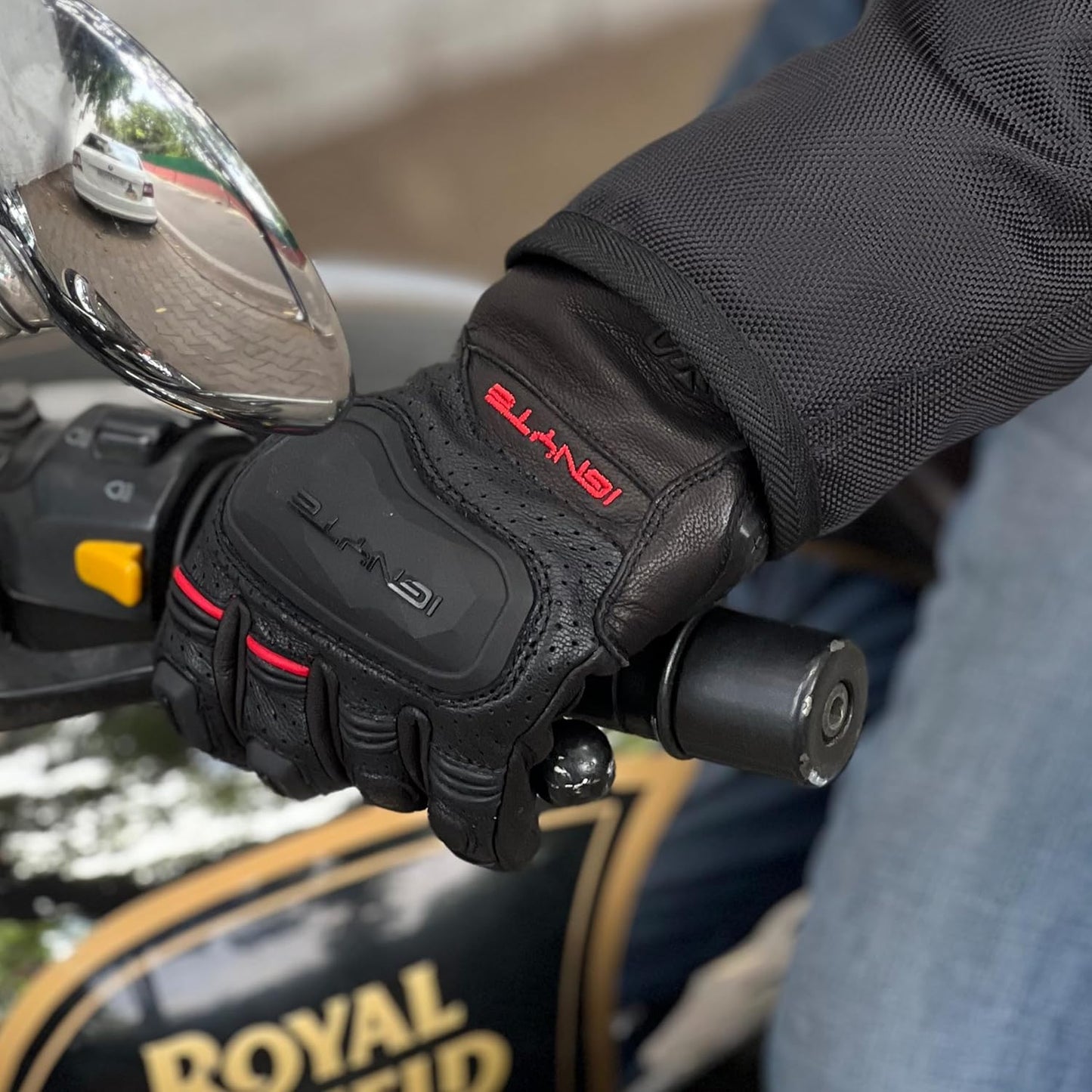 Ignyte Gauntlet Full Finger Bike Riding Leather Gloves with Touch Screen Sensitivity at Thumb and Index Finger, Protective Off-Road Motorbike Racing (Black)