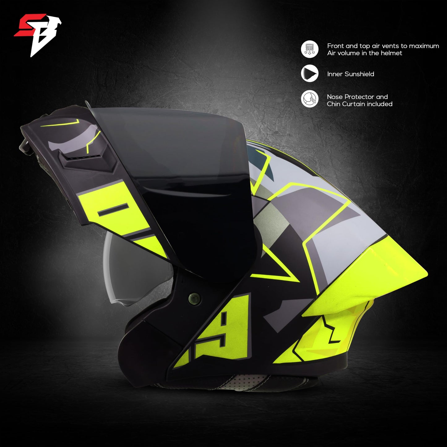 Steelbird SBA-20 09 ISI Certified Flip-Up Graphic Helmet for Men and Women with Inner Chrome Sun Shield (Glossy Black Neon with Smoke Visor)