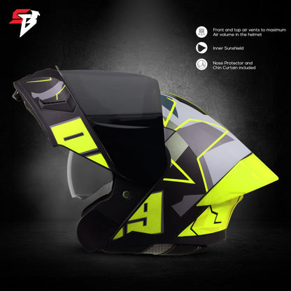 Steelbird SBA-20 09 ISI Certified Flip-Up Graphic Helmet for Men and Women with Inner Chrome Sun Shield (Glossy Black Neon with Smoke Visor)