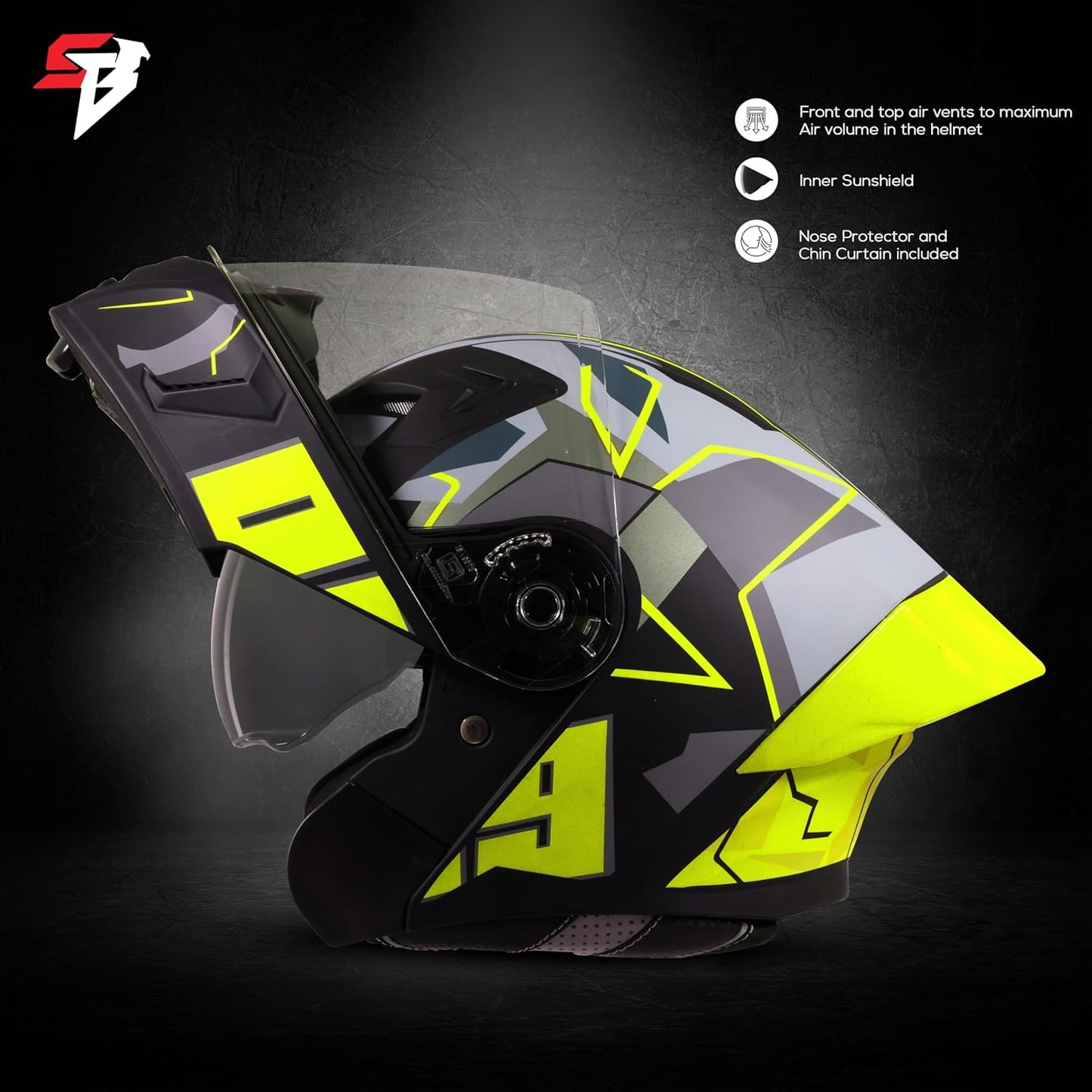 Steelbird SBA-20 09 ISI Certified Flip-Up Graphic Helmet for Men and Women with Inner Chrome Sun Shield (Glossy Black Neon)