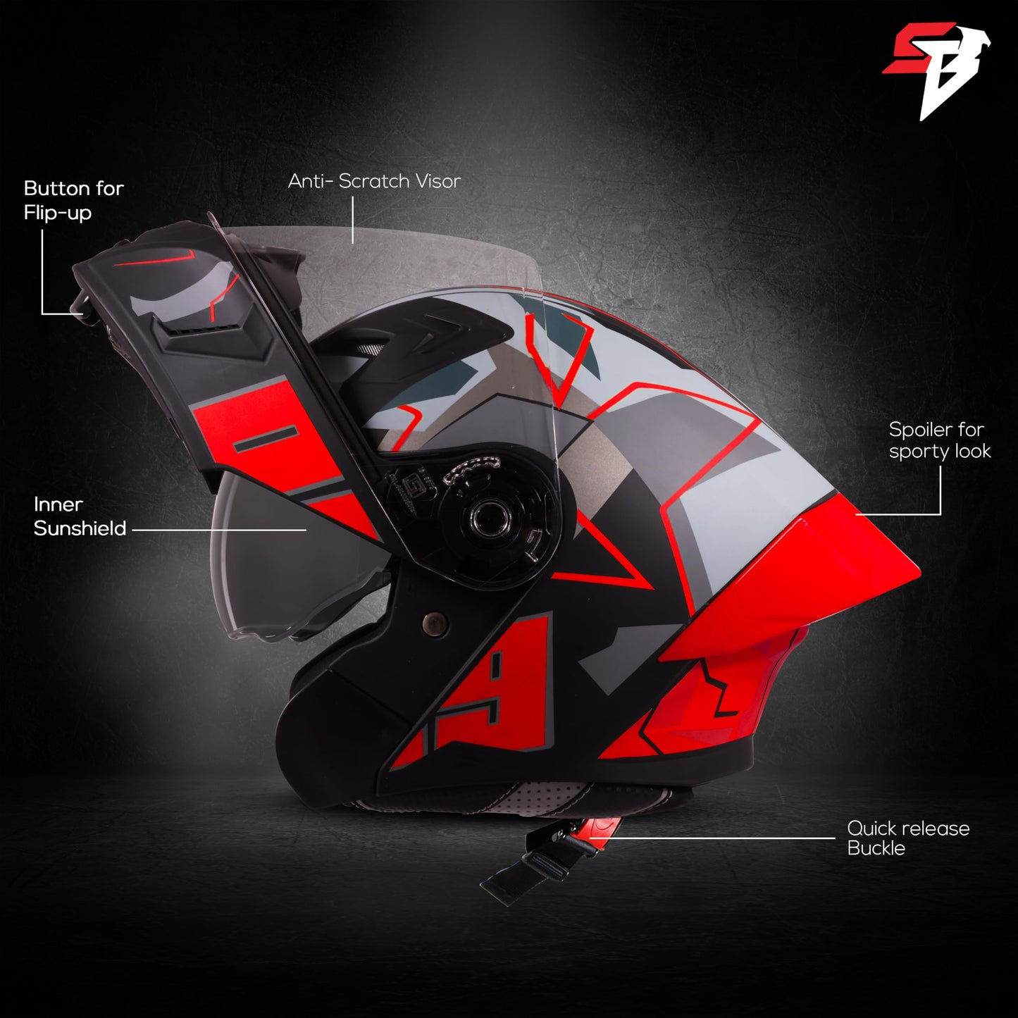 Steelbird SBA-20 09 ISI Certified Flip-Up Graphic Helmet for Men and Women with Inner Chrome Sun Shield (Glossy Black Red)