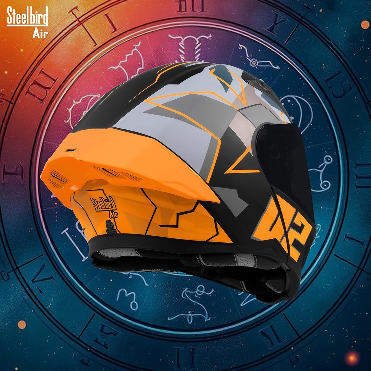 Steelbird SBA-20 02 ISI Certified Flip-Up Graphic Helmet for Men with Inner Chrome Sun Shield (Glossy Black Orange)