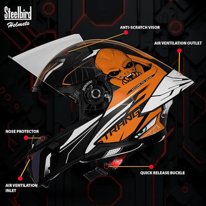 Steelbird SBA-20 Strange ISI Certified Flip-Up Graphic Helmet for Men and Women (Glossy Black Orange)
