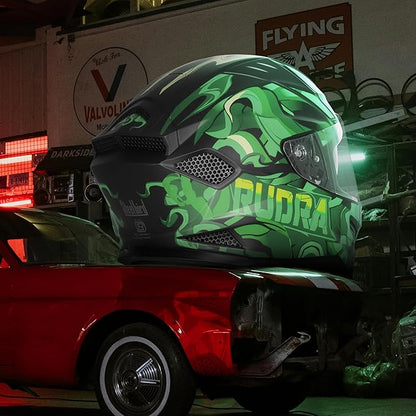 Steelbird SBH-25 Rudra Agni ISI Certified Full Face Graphic Helmet for Men with Inner Smoke Sun Shield (Glossy Black Green)