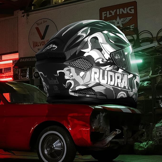 Steelbird SBH-25 Rudra Agni ISI Certified Full Face Graphic Helmet for Men with Inner Smoke Sun Shield (Glossy Black Grey)