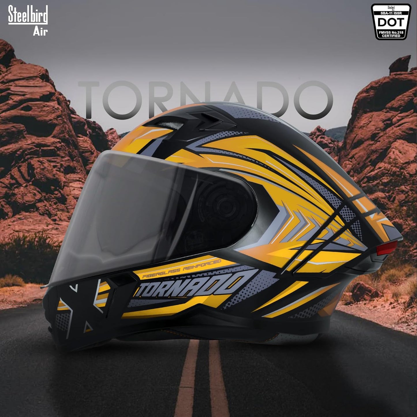 Steelbird SBA-11 Tornado Red Reflector ISI and DOT Certified Full Face Helmet for Men and Women with Inner Silver Sun Shield (Glossy Black Orange with Smoke Visor)