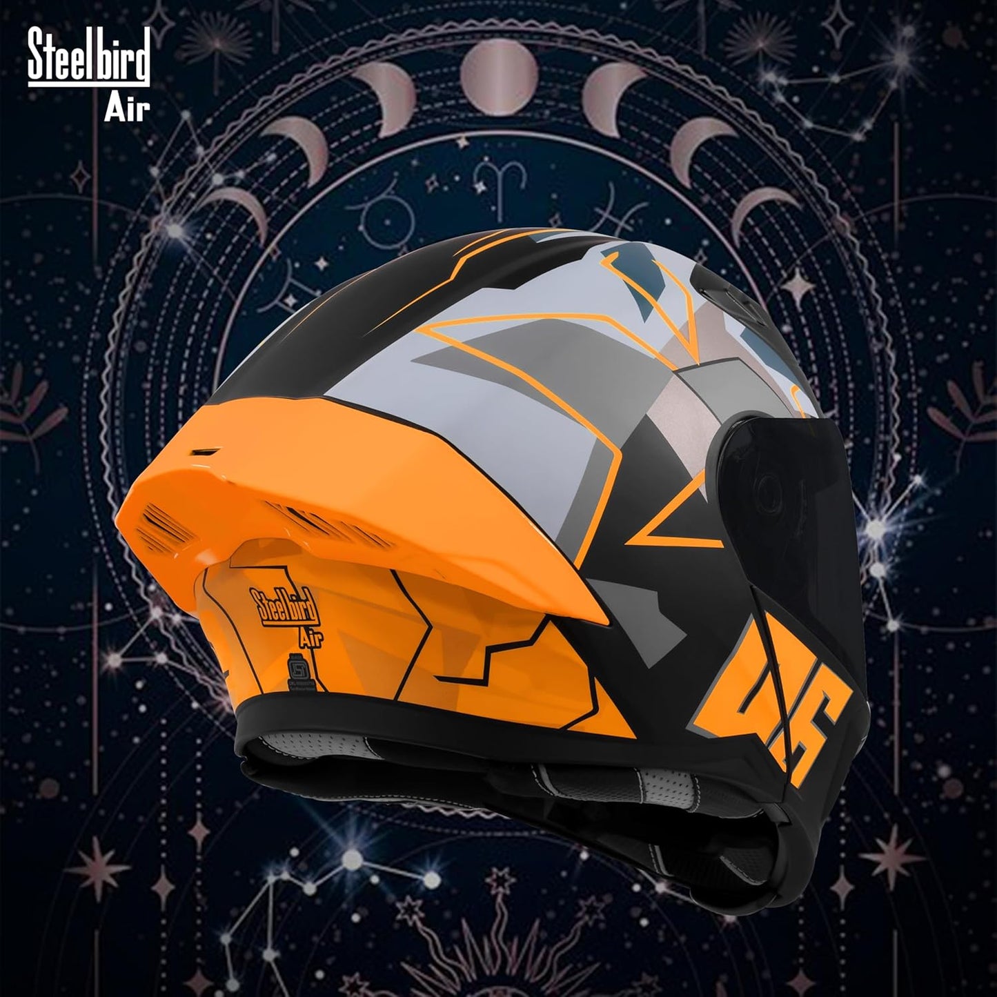 Steelbird SBA-20 06 ISI Certified Flip-Up Graphic Helmet for Men with Inner Chrome Sun Shield (Glossy Black Orange)