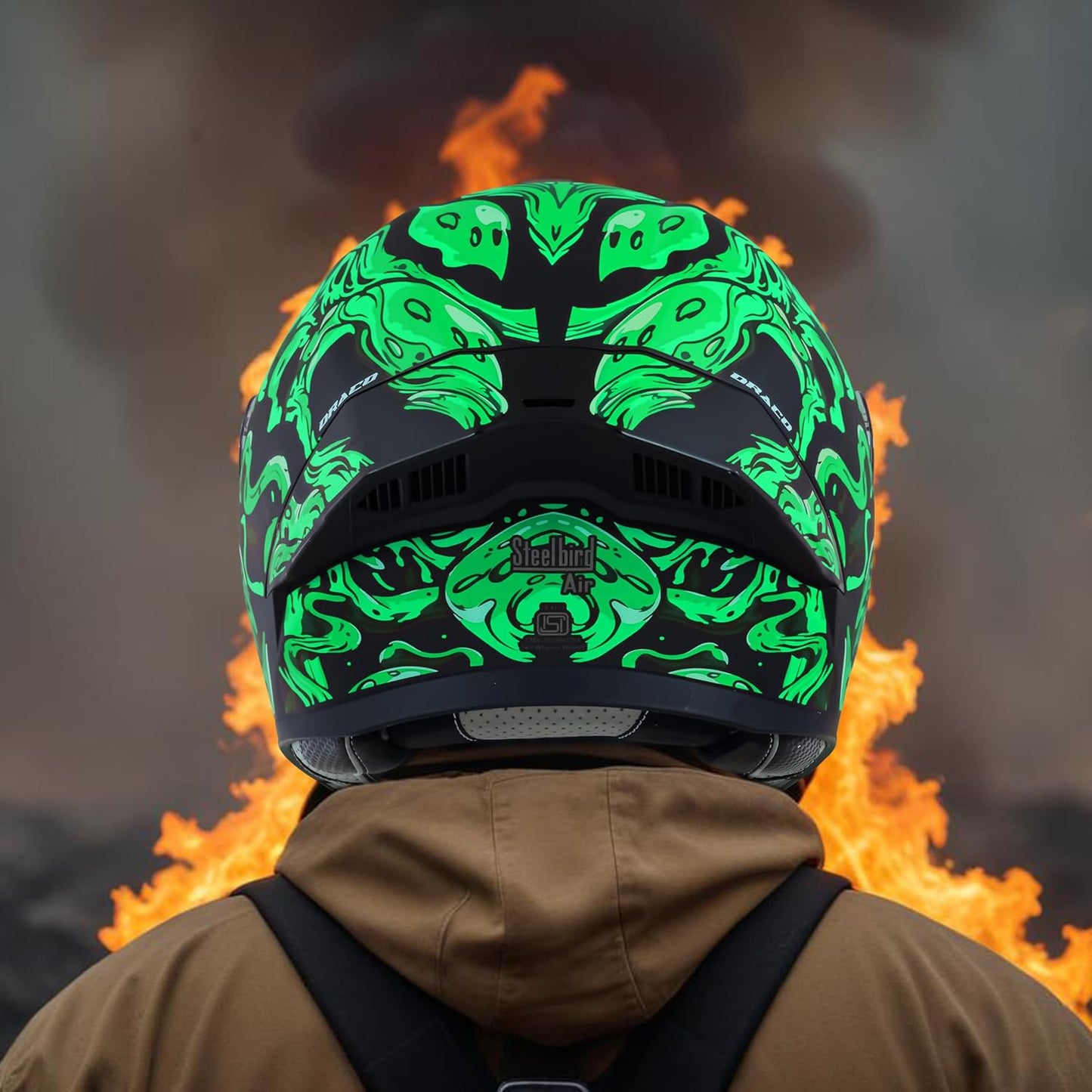 Steelbird SBA-20 Draco ISI Certified Flip-Up Helmet for Men and Women with Inner Smoke Sun Shield (Glossy Black Green with Smoke Visor)